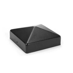 The Go Build 4 in. x 4 in. Black Metal Post Cap features a black, square design with a pyramid top and rounded edges, fitting standard wood posts. Shown against a white background. Brand: Go Build, The Fastest Way To Build.
